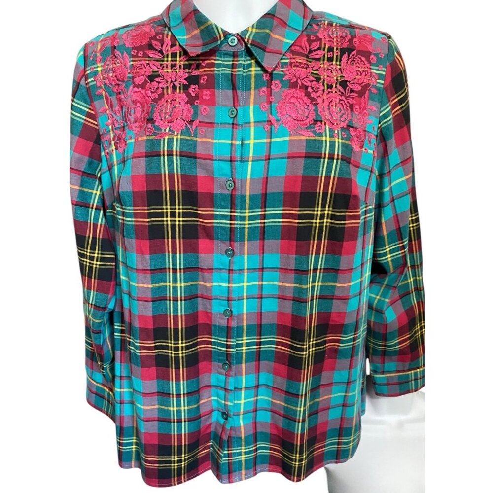 D&Co Button Up Shirt Women L Plaid Floral Embroidery‎ Long Sleeve Stretch QVC
